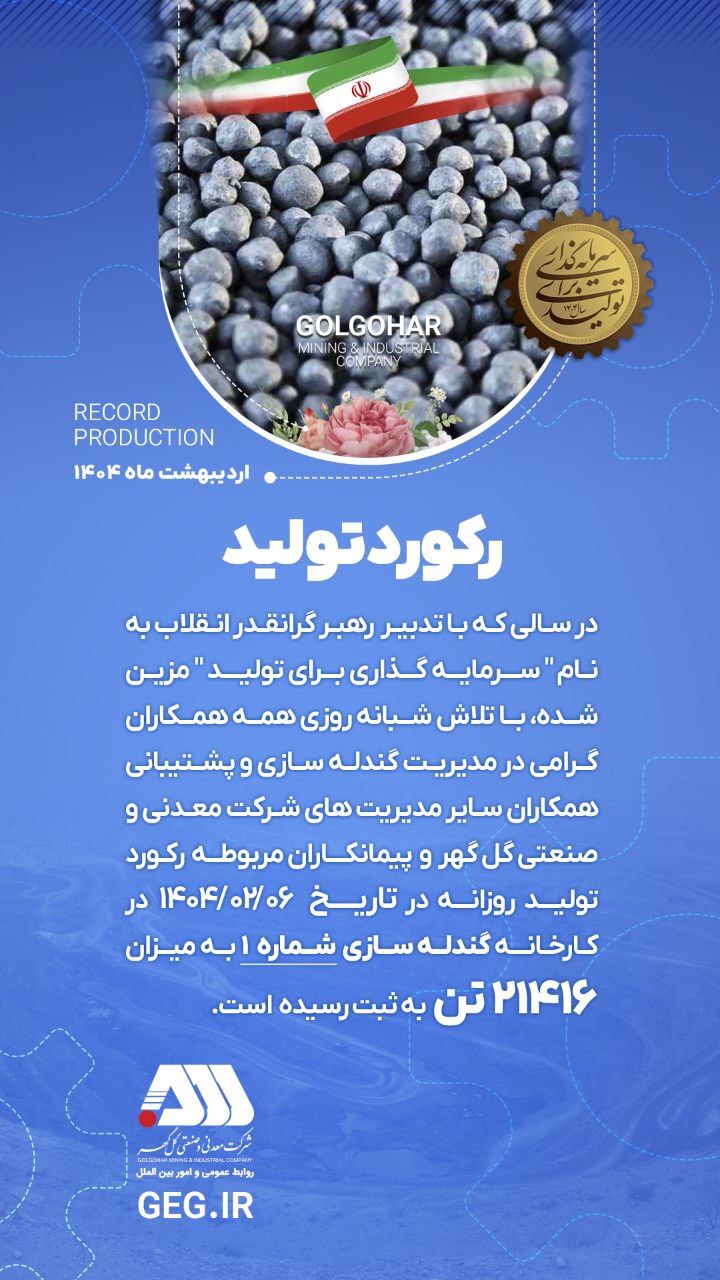 رکورد تولید کارخانه گندله سازی شماره ۱.